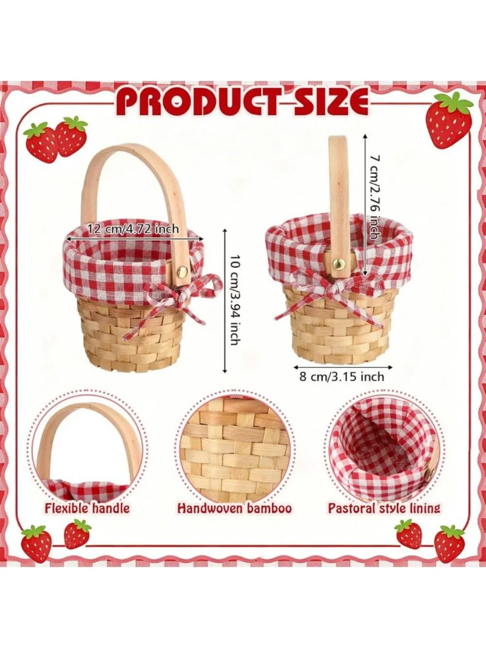 Set of 6 Mini Wooden Baskets with Handles - Red Plaid Decorative Storage Bins